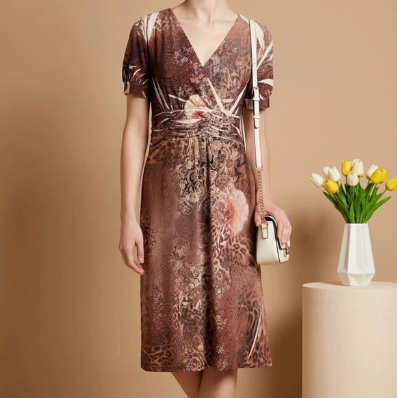 Dressbarn brand dress featuring a mixed floral & animal print in earthy brown 8 - Picture 8 of 13